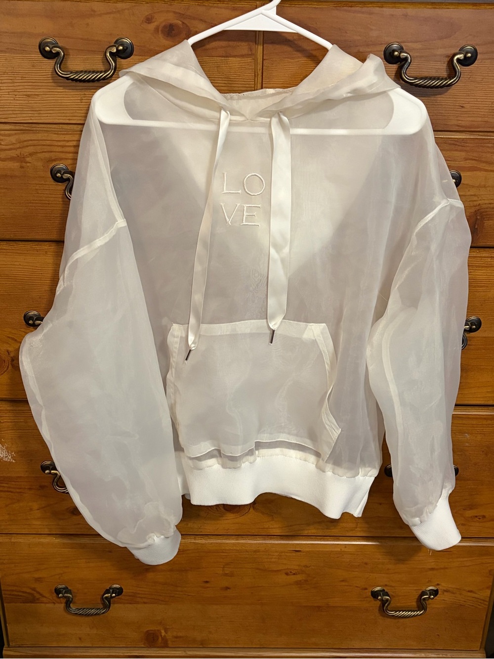 Forever 21 Sheer White Hooded Pullover with LOVE Embroidery
